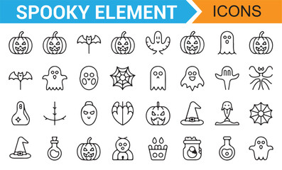 Halloween Elements with Pumpkins, Ghosts, and Witch Hats for Spooky Artwork
