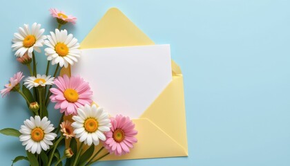 Bright Spring Daisies with Yellow Envelope on Blue Background