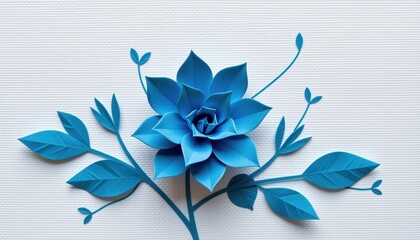 Stylized Blue Flower with Leaves Made from Paper Craft Technique
