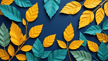 Stylized Paper Leaves on Blue Background in Vibrant Colors and Textures