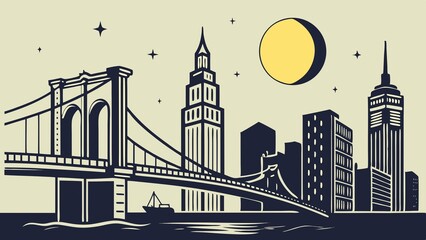 Naklejka premium Retro Style New York City Skyline Illustration Featuring Brooklyn Bridge at Night