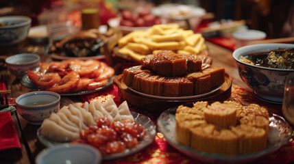Fototapeta premium A festive table spread with traditional asian dishes and desserts for a celebration feast