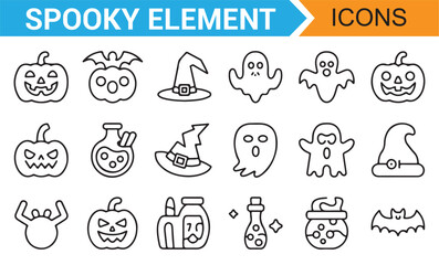 Halloween Themed Icons Featuring Ghosts, Bats, Pumpkins, and Spooky Faces