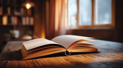 Open book resting on a wooden table with a window and bookshelf in the background creating a cozy scene