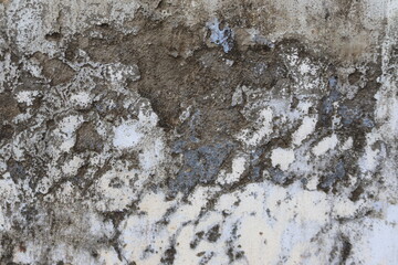 Closeup of a weathered and damaged wall with peeling paint and exposed concrete