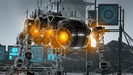 Huge robot assists a child in a futuristic industrial setting