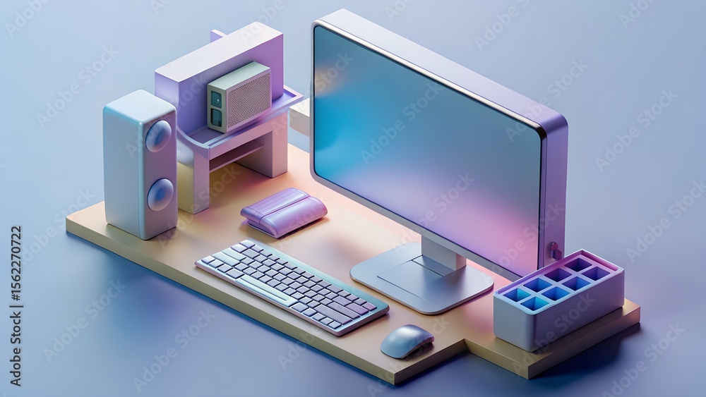 Fototapete modern isometric computer setup with monitor keyboard mouse speakers and desk accessories isolated o