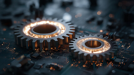 Illuminated gears on a circuit board representing technology and engineering concepts in a close up view