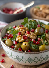 A bowl of green olives with walnuts, parsley, and pomegranate seeds