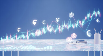 A digital representation of financial market data with currency symbols and a rising trend.