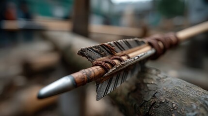 Naklejka premium This close-up image captures a beautifully crafted arrow featuring a wooden shaft and distinctive fletching, showcasing a connection to ancient craftsmanship. The use of natural materials emphasizes 