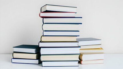 Stacked books of various colors and sizes, displayed against a plain white background.  The books are neatly arranged in a tall, slightly asymmetrical pile.  