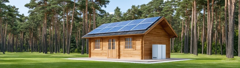 Fototapeta premium Modern Wooden Cabin Surrounded by Lush Green Forest with Solar Panels and Energy Storage Unit
