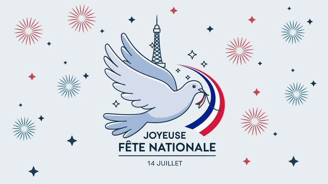 Happy Bastille Day Joyeuse F&ecirc;te Nationale 14 Juillet Animated Video with Dove Eiffel Tower Fireworks French Flag Colors Celebration Greeting Banner for France National Day July 14 Seamless Festive Loo