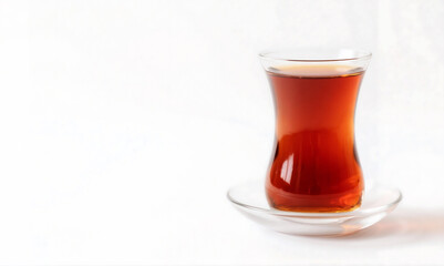 Turkish Tea: Amber Liquid in Elegant Glass, Minimalist White Background, Serene Mood.