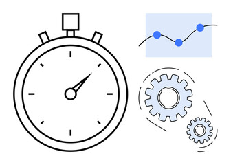 Stopwatch with analog dial, performance graph with data points, and interlocking gears symbolizing process optimization. Ideal for productivity, business strategy, analytics, planning, project
