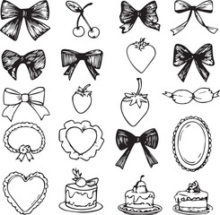 Set of hand drawn coquette silhouette vector icons isolated black and white 