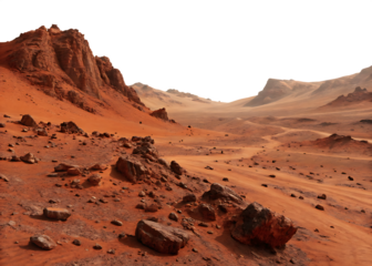 Vast Martian desert landscape with rocky terrain and distant mountains isolated on a transparent background