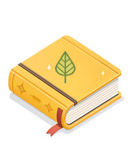A yellow book with a green leaf symbol and a red bookmark
