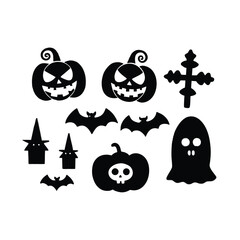 Obraz premium Vector haunted house black and white illustration set. halloween silhouette elements of spooky cottage, big moon, ghost, bats, trees. scary samhain party invitation or card design. Premium Vector 