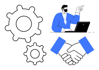 Gears symbolize process, handshake shows partnership, and professional at laptop represents planning. Ideal for teamwork, collaboration, business strategy, partnerships, innovation, workflow