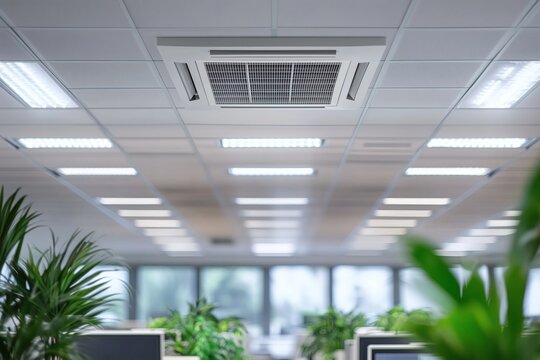 Interior view of an office with recessed lighting and air conditioning and various plants for decoration in the foreground.