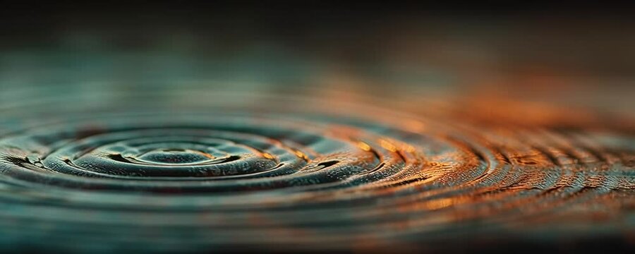 Crystal clear water drop falling into a calm body of water, creating mesmerizing concentric ripples that expand outwards, reflecting warm, orange hues