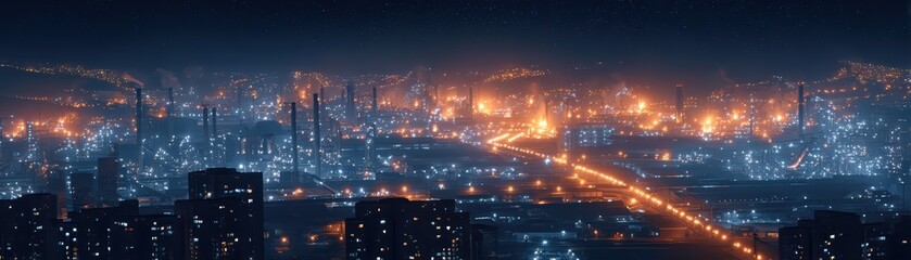 Fototapeta premium Nighttime Cityscape with Shimmering Lights and Industrial Activity Under a Starry Sky
