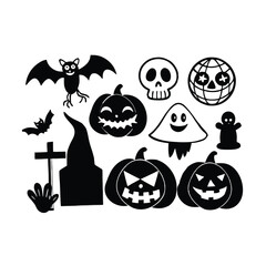 Vector haunted house black and white illustration set. halloween silhouette elements of spooky cottage, big moon, ghost, bats, trees. scary samhain party invitation or card design. Premium Vector
