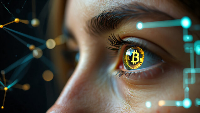 Futuristic Bitcoin Reflected in Human Eye – Vision of Cryptocurrency and Blockchain Technology – Macro Close-Up Digital Surrealism – Generative AI - Powered by Adobe