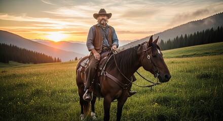 Cowboy Horseback Riding at Sunset in Mountain Field.