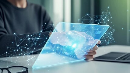 Woman using a futuristic transparent digital tablet with glowing network connections and a virtual globe for global communication footage. - Powered by Adobe