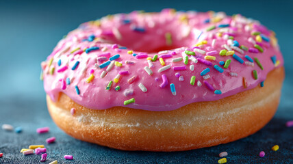 A donut with pink icing and sprinkles.