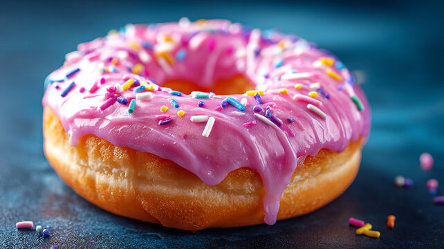 A donut with pink icing and sprinkles.