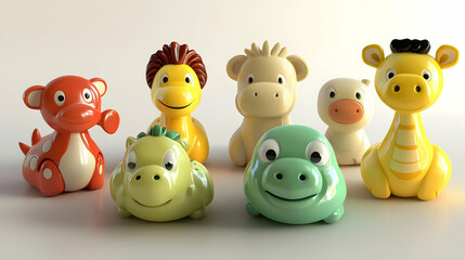 Naklejka premium Colorful animal figurines for babies. A group of six charming animal toys in various colors, including a dinosaur, duck, giraffe, and more. Friendly faces and simple designs