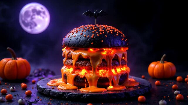 Spooky Halloween Lava Burger with Glowing Cheese and Bat Topper