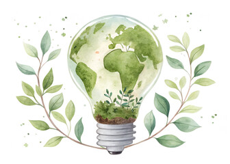A light bulb with continents and plants inside surrounded by green leaves