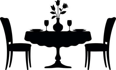 Romantic dinner table silhouette with flowers and wine glasses vector illustration.