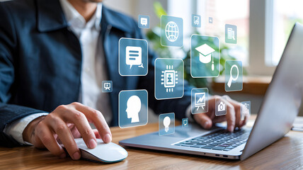 Person working on a laptop with virtual icons depicting diverse concepts and online learning on a wooden desk
