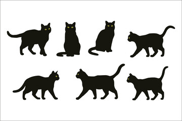 Simple black cat silhouettes in various poses. Six black cat silhouettes in different stances on a plain white background.