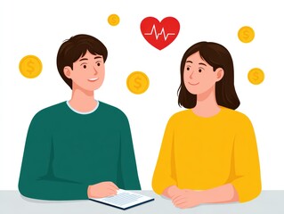 Young couple discussing finances and health concepts with icons of money and a heart rate above them in a bright illustration