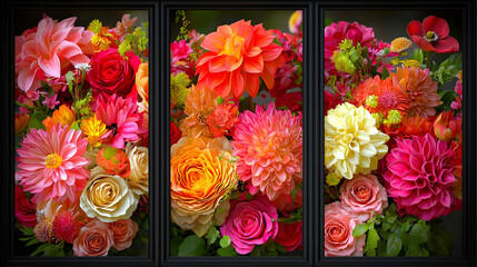 Vibrant floral display in three panels, showcasing a profusion of dahlias, roses, and other blooms in a rich array of colors, including pinks, oranges, reds, and yellows. 