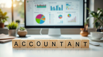 Accountant job involving financial analysis, tax preparation, and bookkeeping in a professional business setting with copy space