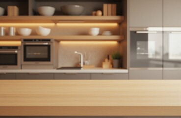 Fototapeta premium Clean wooden kitchen island, blurred warm-toned kitchen, interior photo for product mockup and styling reference