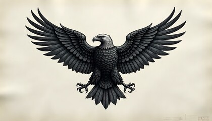 Fototapeta premium Eagle emblem, black ink on textured white parchment background. Eagle Vector.