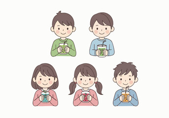 Flat Illustration Various Smiling Kids Holding Drinks With Straws Character