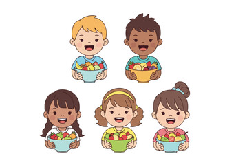 Cartoon Handdrawn Variety of Children Holding Bowl of Fruit Illustration