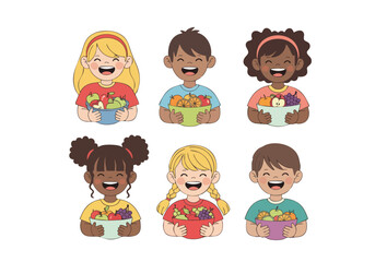 Cheerful Handdrawn Happy Diverse Children Holding Fruit Bowl Illustration