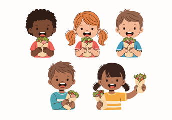 Cute Cartoon Children Eating Shawarma Wrap Middle Eastern Food Illustration