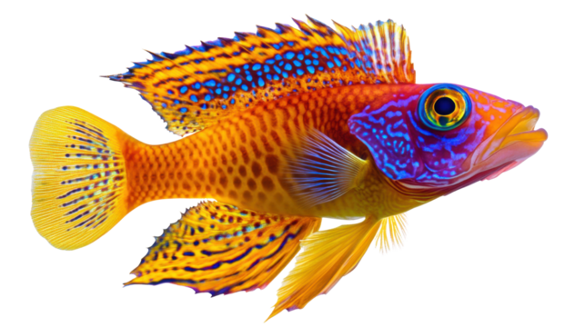 Watercolor illustration of vibrant colorful fish with intricate patterns detailed scales flowing fins and artistic aquatic design hand painted in bright vivid tones isolated on white background